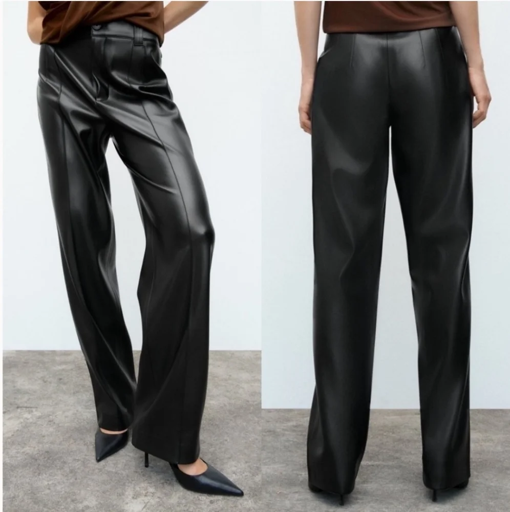 Zara * Faux Leather Straight Wide Pants Black Size S